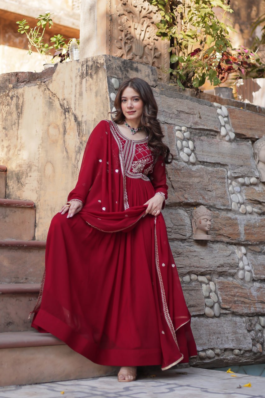 Maroon Faux Blooming Sequins & Beads Embroidered Gown with Dupatta