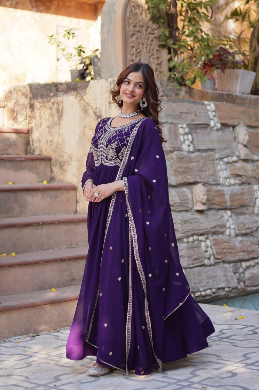 Purple Faux Blooming Sequins & Beads Embroidered Gown with Dupatta