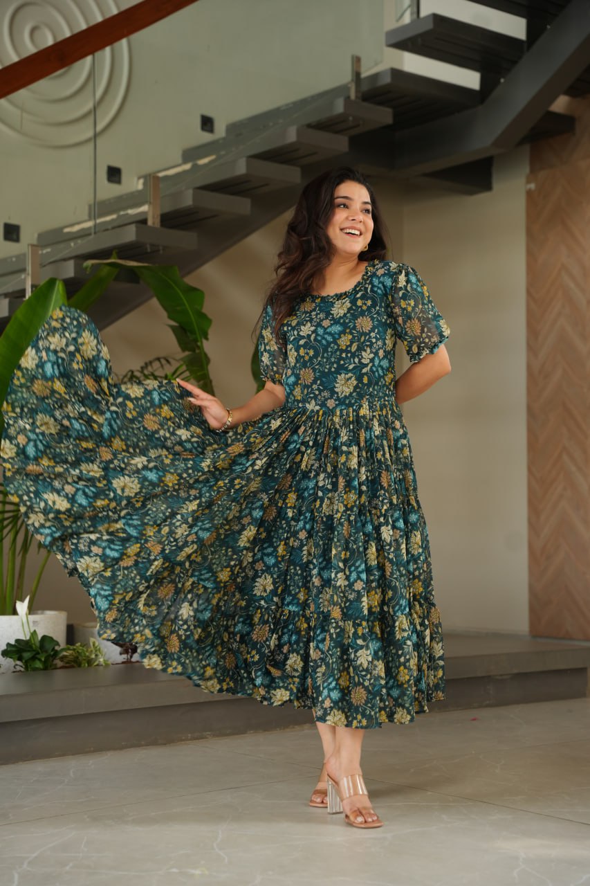 Green Printed Faux Georgette Gown with Cotton Lining – 12 Meter Flair