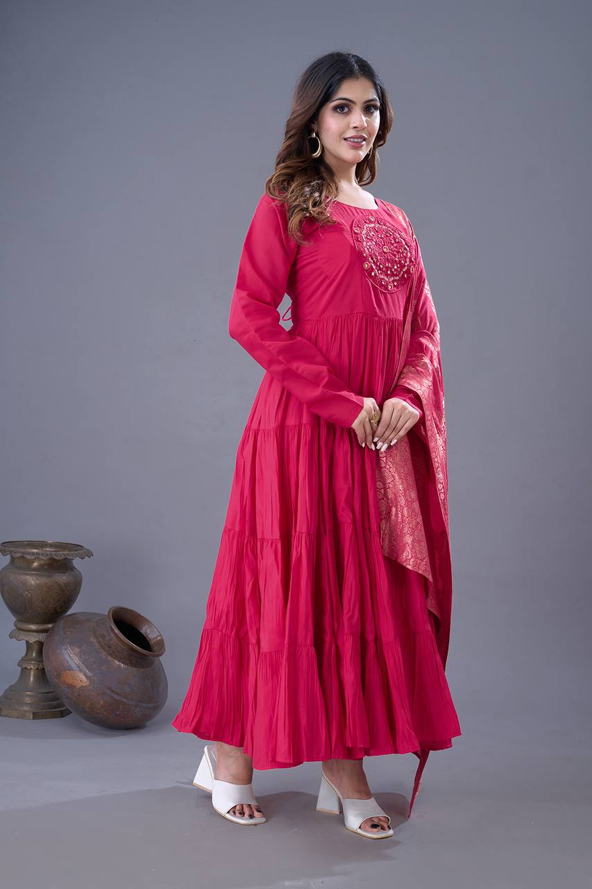 Elegant Rani Pink Roman Silk Gown Set | Festive & Wedding Wear