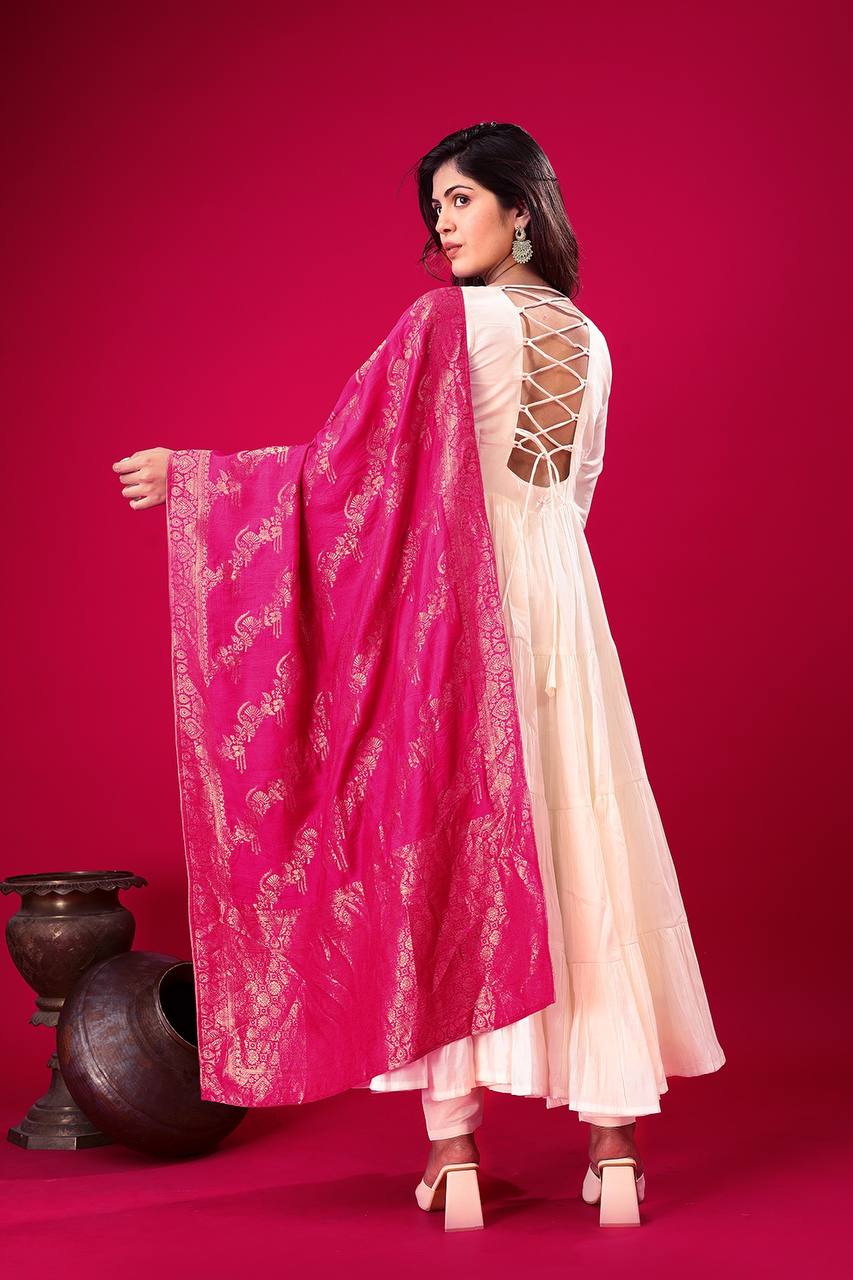 Elegant Off White Roman Silk Gown Set | Festive & Wedding Wear