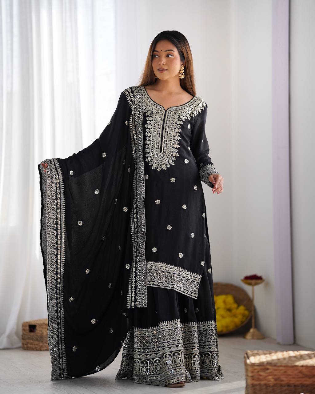 Pure Chinnon Silk Embroidered Sharara Set with Dupatta – Fully Stitched Party Wear
