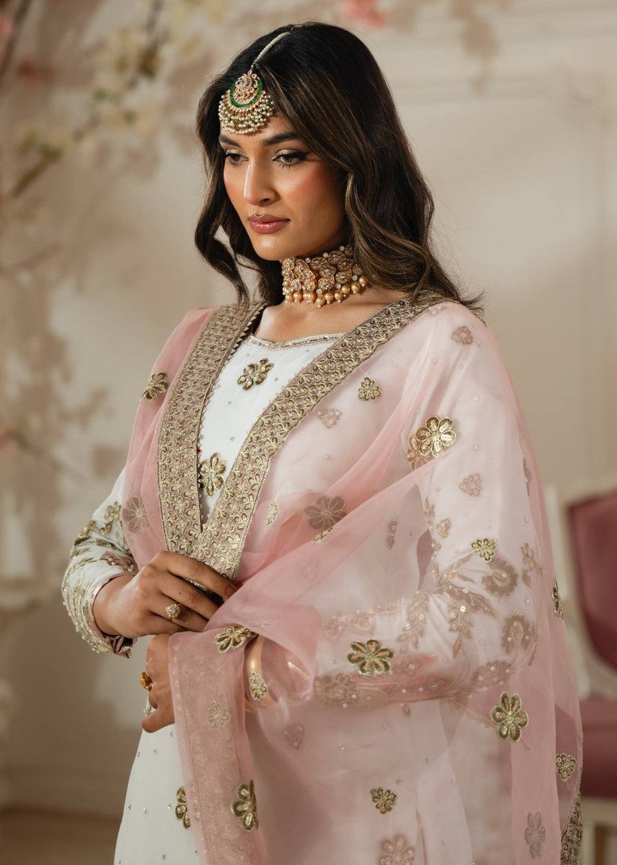 Heavy White Faux Georgette Embroidered Sharara Set with Net Dupatta – Fully Stitched
