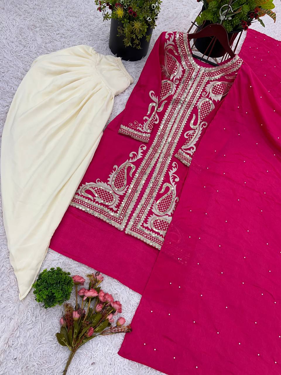 Heavy Pink Chinon Silk Embroidered Dhoti Style Suit with Rivet Moti Dupatta – Fully Stitched