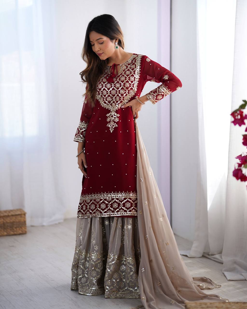 Heavy Maroon Faux Georgette Sharara Suit with 5mm Embroidery Sequence – Fully Stitched Set