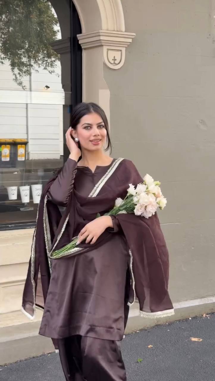 Japan Satin Brown Farshi Pant Suit with Blooming Georgette Dupatta – Fully Stitched