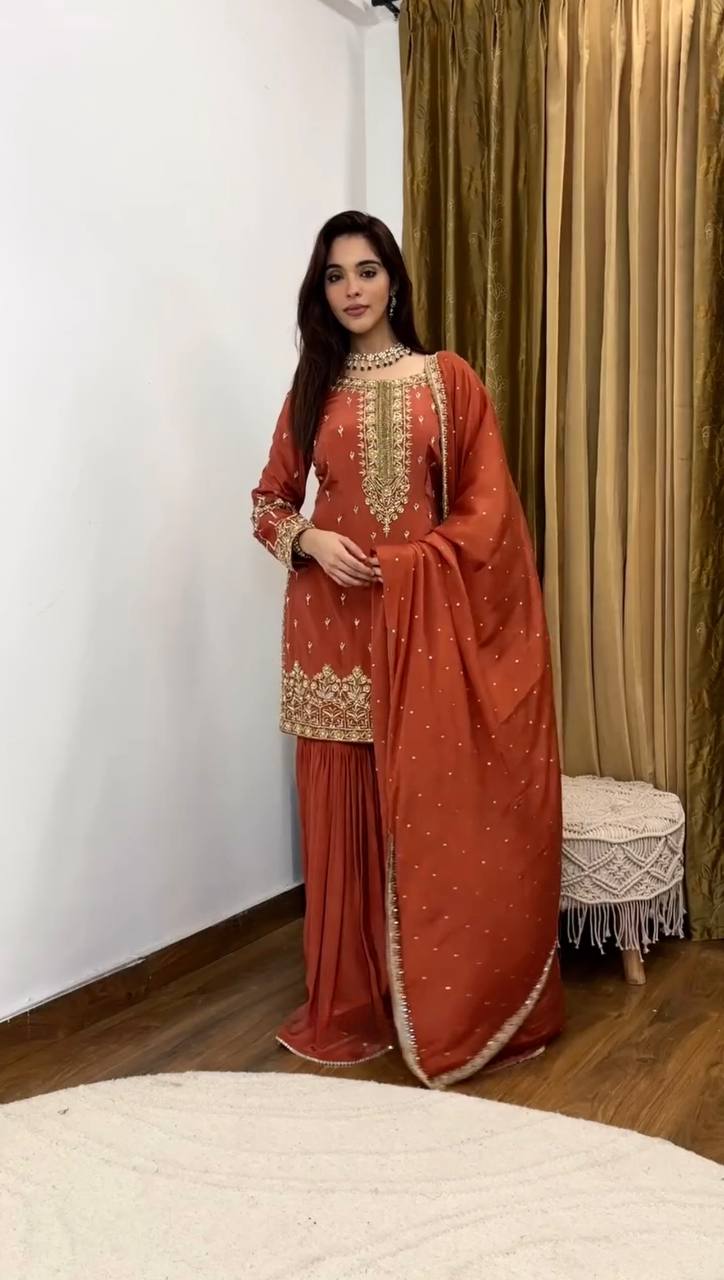 Pure Simmer Silk Sharara Suit with Embroidery & Moti Work – Fully Stitched