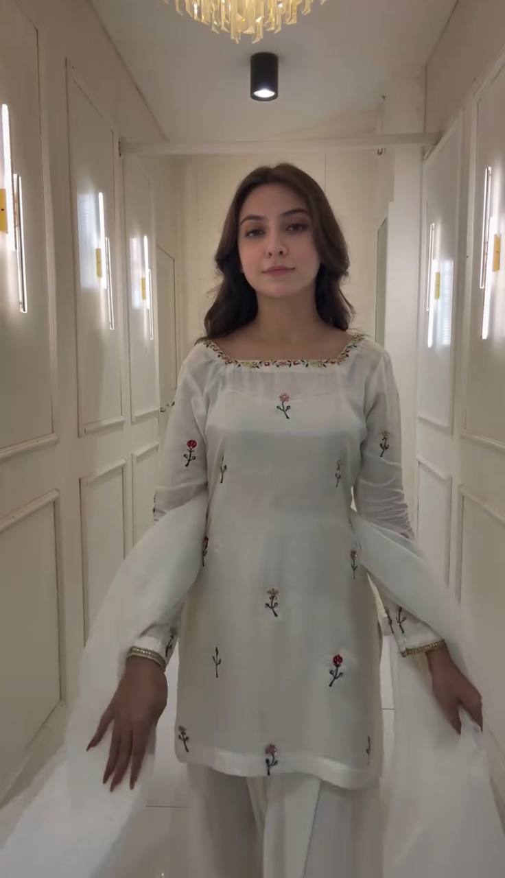 White Chinnon Silk Embroidered Top with Farshi Pant and Organza Silk Dupatta