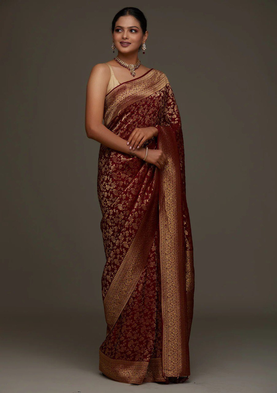 Banarasi Maroon Soft Silk Saree with Jacquard Border Blouse