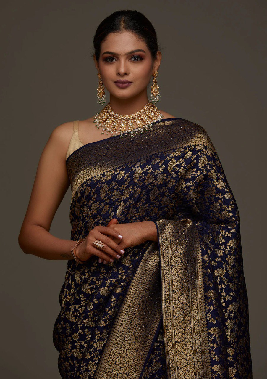 Banarasi Navy Blue Soft Silk Saree with Jacquard Border Blouse