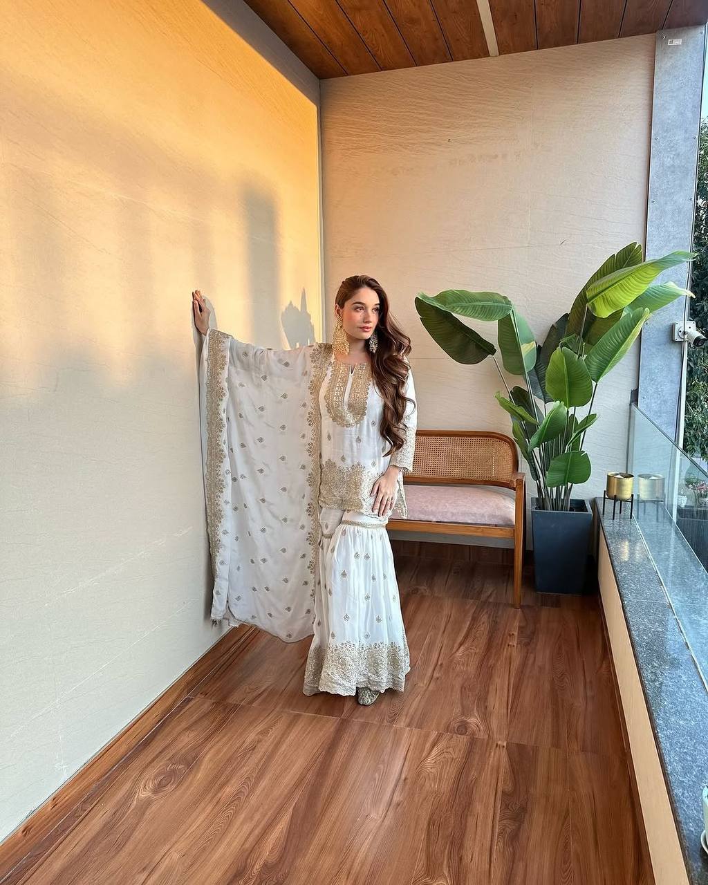 Chinnon Silk Embroidered White Sharara Suit with Dupatta
