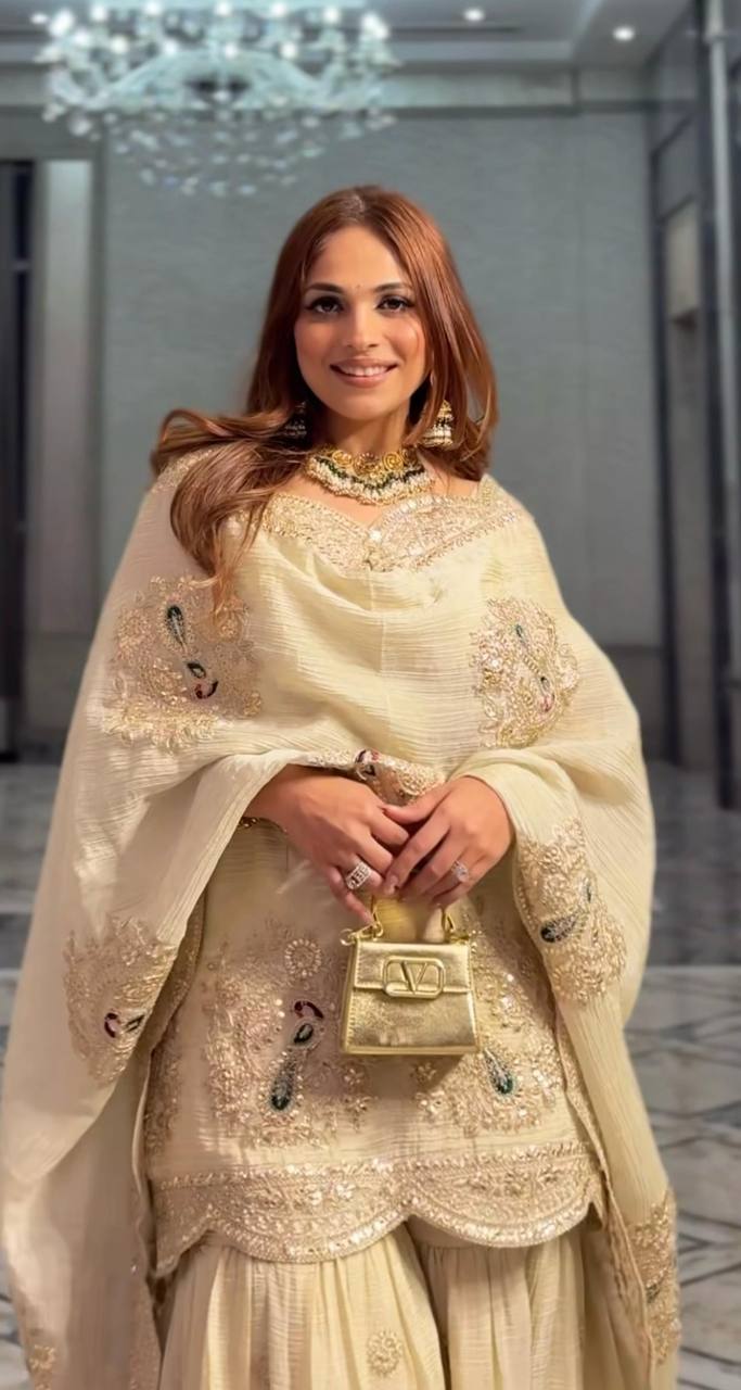 Cream Chinnon Silk Embroidered Suit with Dupatta
