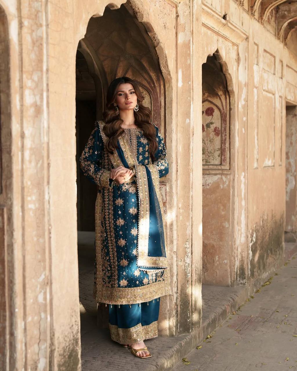 Heavy Bottle Green Georgette Embroidered Suit with Moti Work