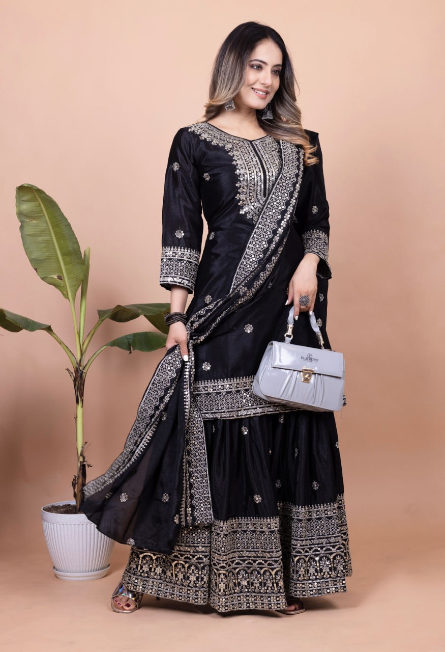 Black Chinon Sharara Suit with Heavy Embroidery Work