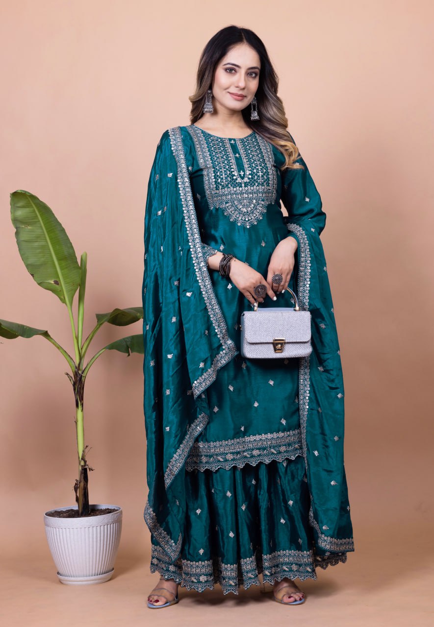 Firozi Blue Chinon Sharara Suit with Heavy Sequence Embroidery