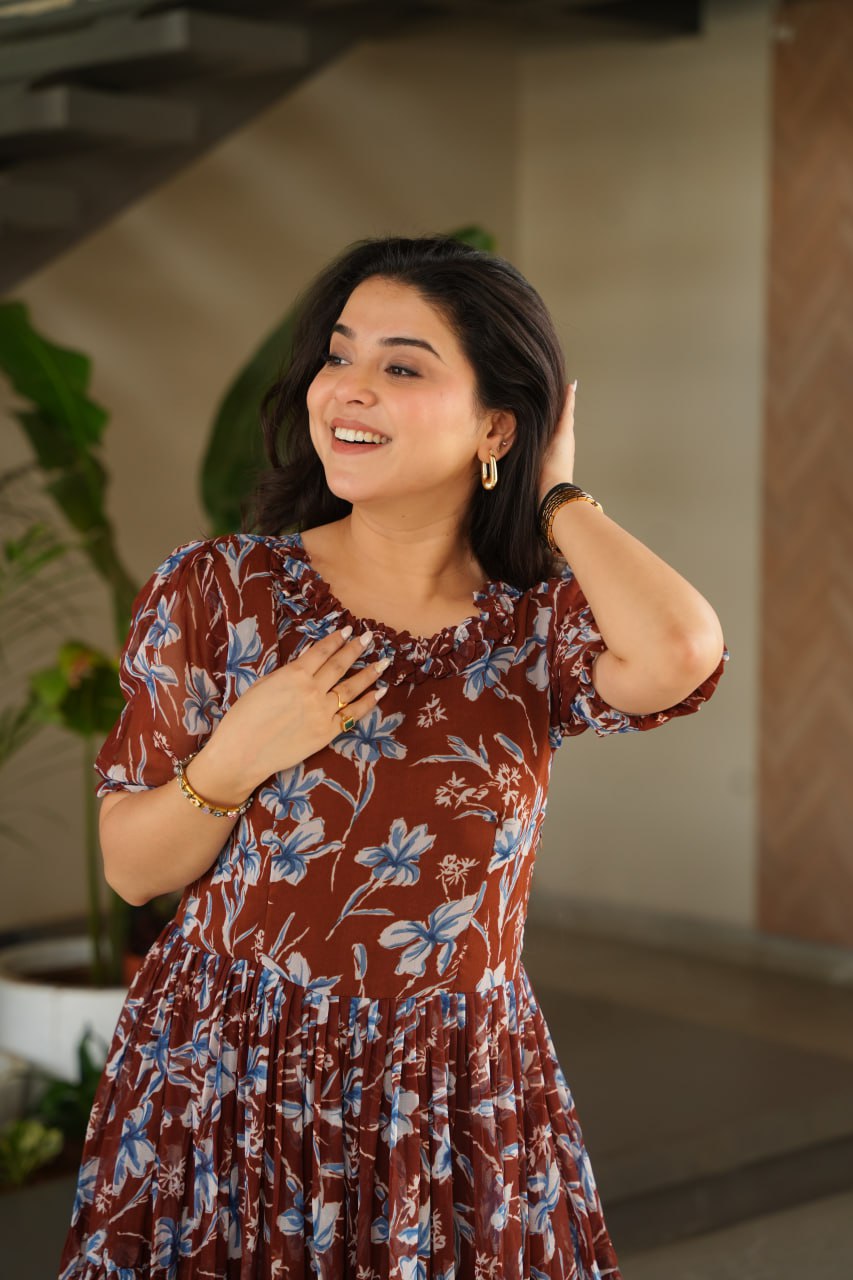 Brown Printed Faux Georgette Gown with Cotton Lining & Fancy Neck