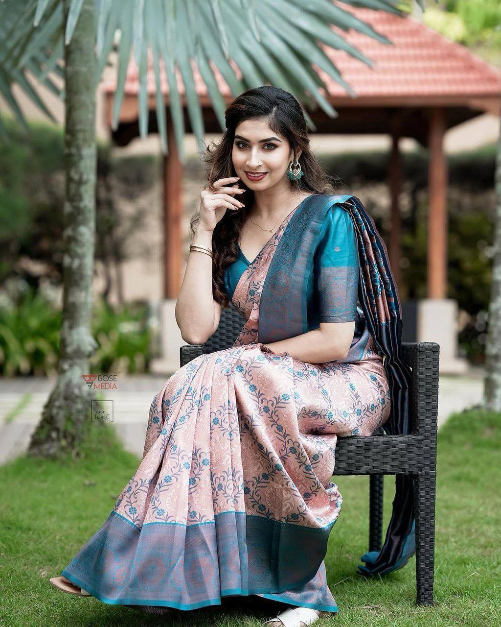 Soft Lichi Silk Peach Saree with Rich Pallu & All-Over Jacquard Work