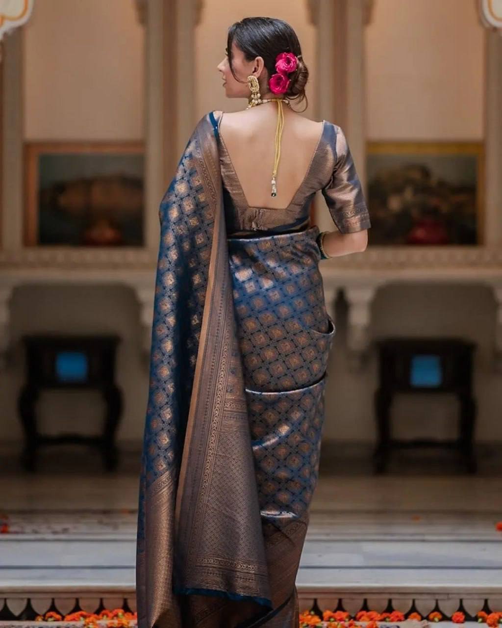 Soft Lichi Silk Blue Saree with Rich Pallu & Heavy Brocade Jacquard Blouse