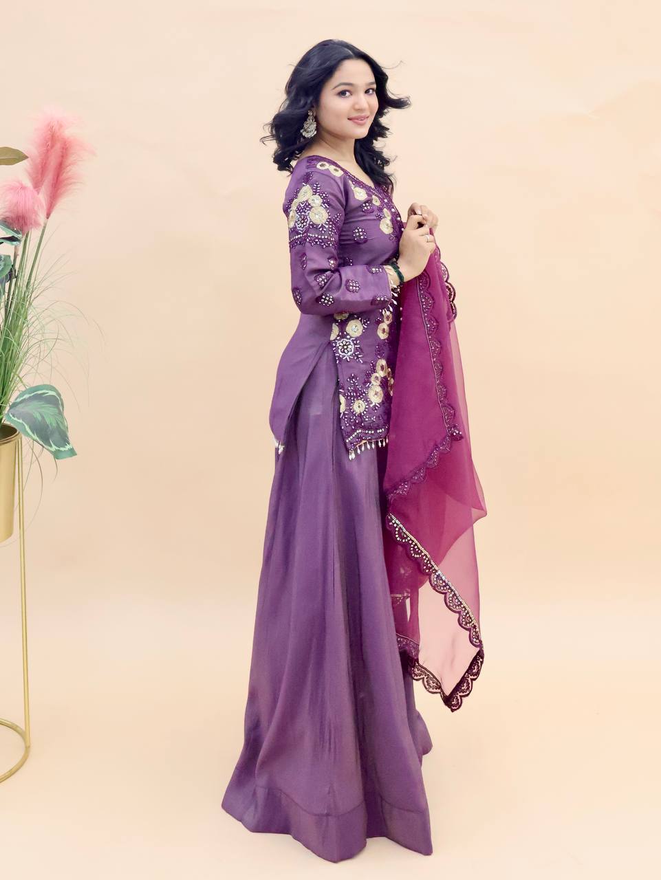 Purple Simar Silk Suit with Sequins Embroidery and Organza Dupatta