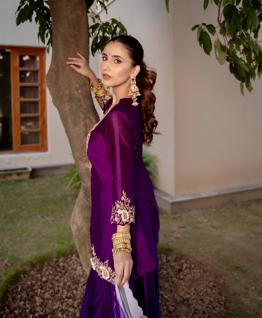 Heavy Purple Chinon Silk Sharara Suit with Embroidery and Printed Organza Dupatta