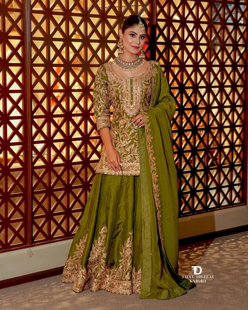Elegant Heavy Green Chinon Silk Sharara Suit with Embroidery & Printed Dupatta