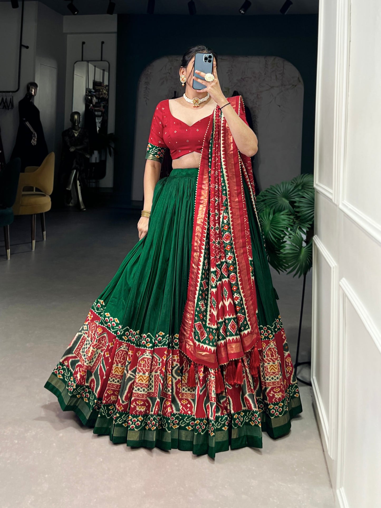 Patola Printed Green Tussar Silk Lehenga Set with Gotta Patti Dupatta