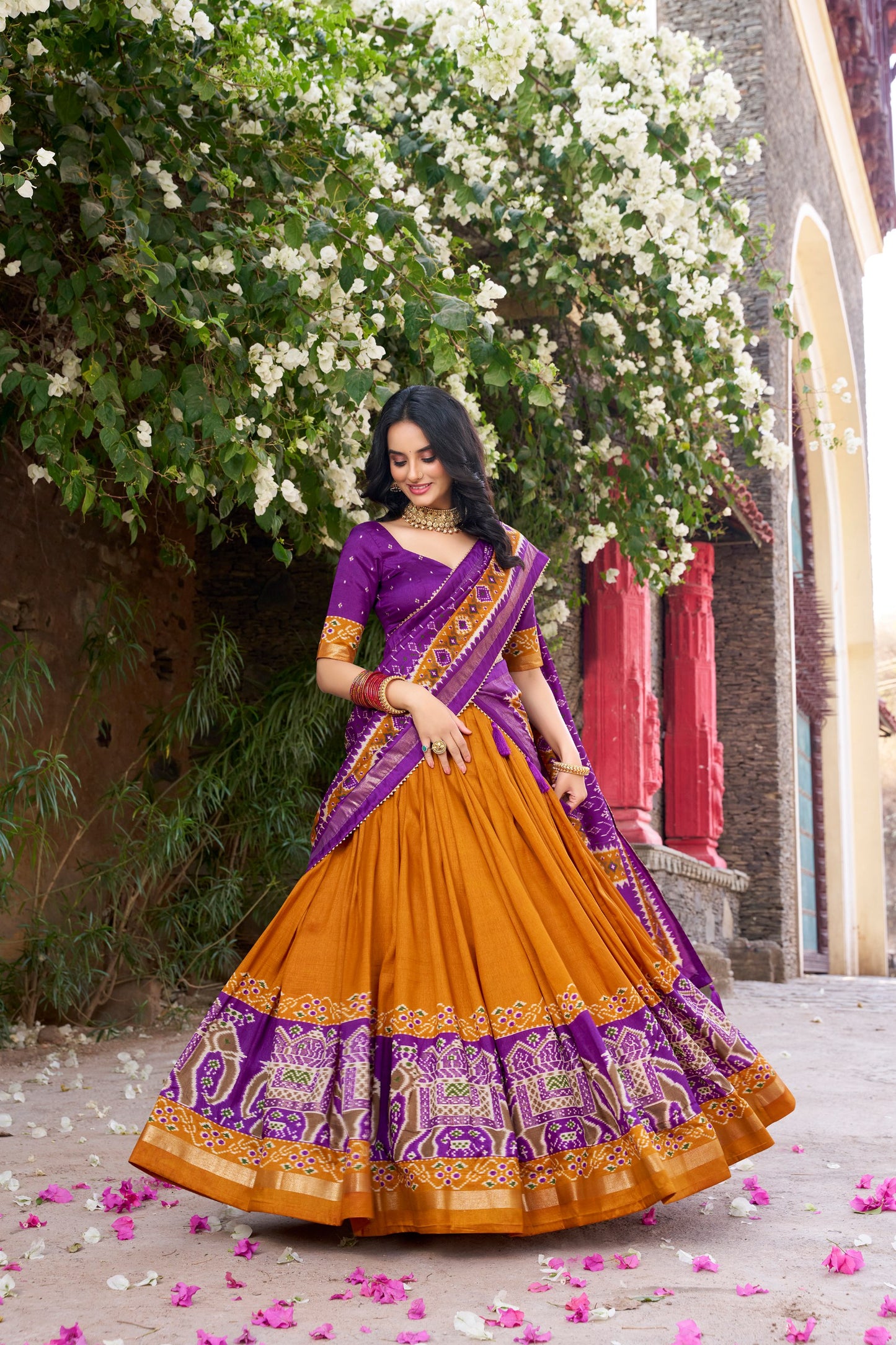Patola Printed Mustard Yellow Tussar Silk Lehenga Set with Gotta Patti Dupatta