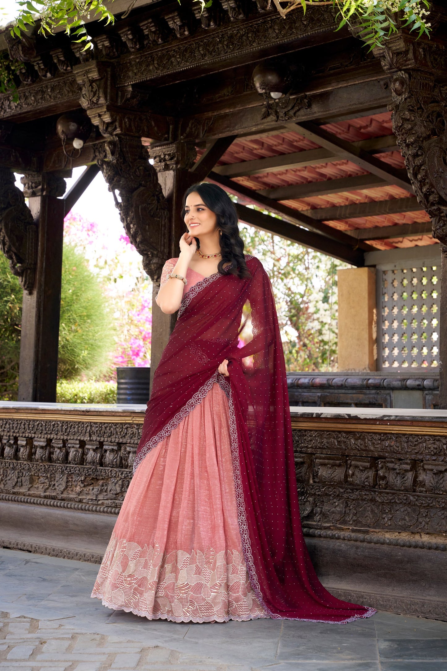 Silver Glosy Embroidered Peach Lehenga Set with Hotfix Rangoli Silk Dupatta