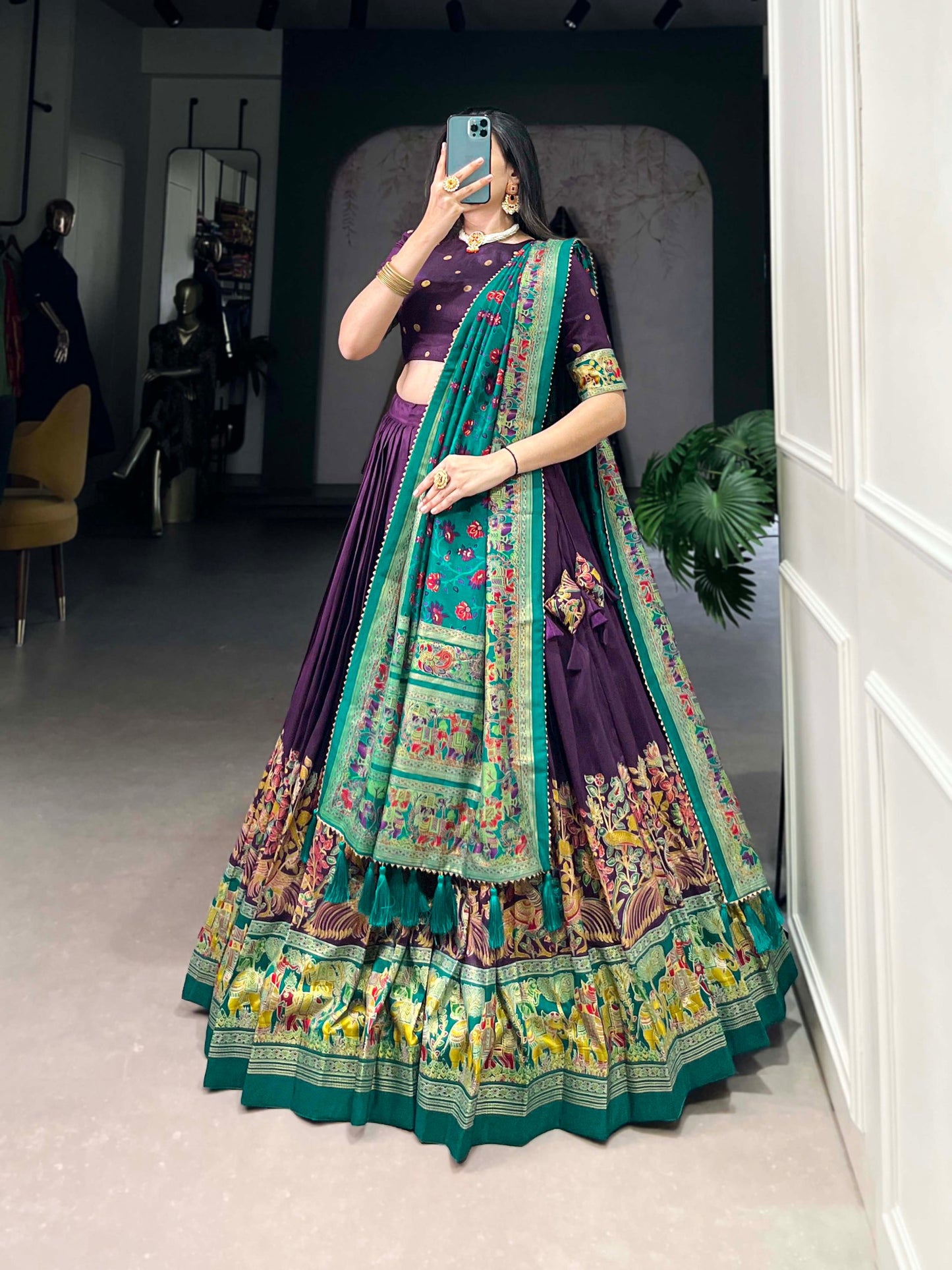 Purple Tussar Silk Lehenga Set with Printed Foil Work and Gotta Patti Dupatta