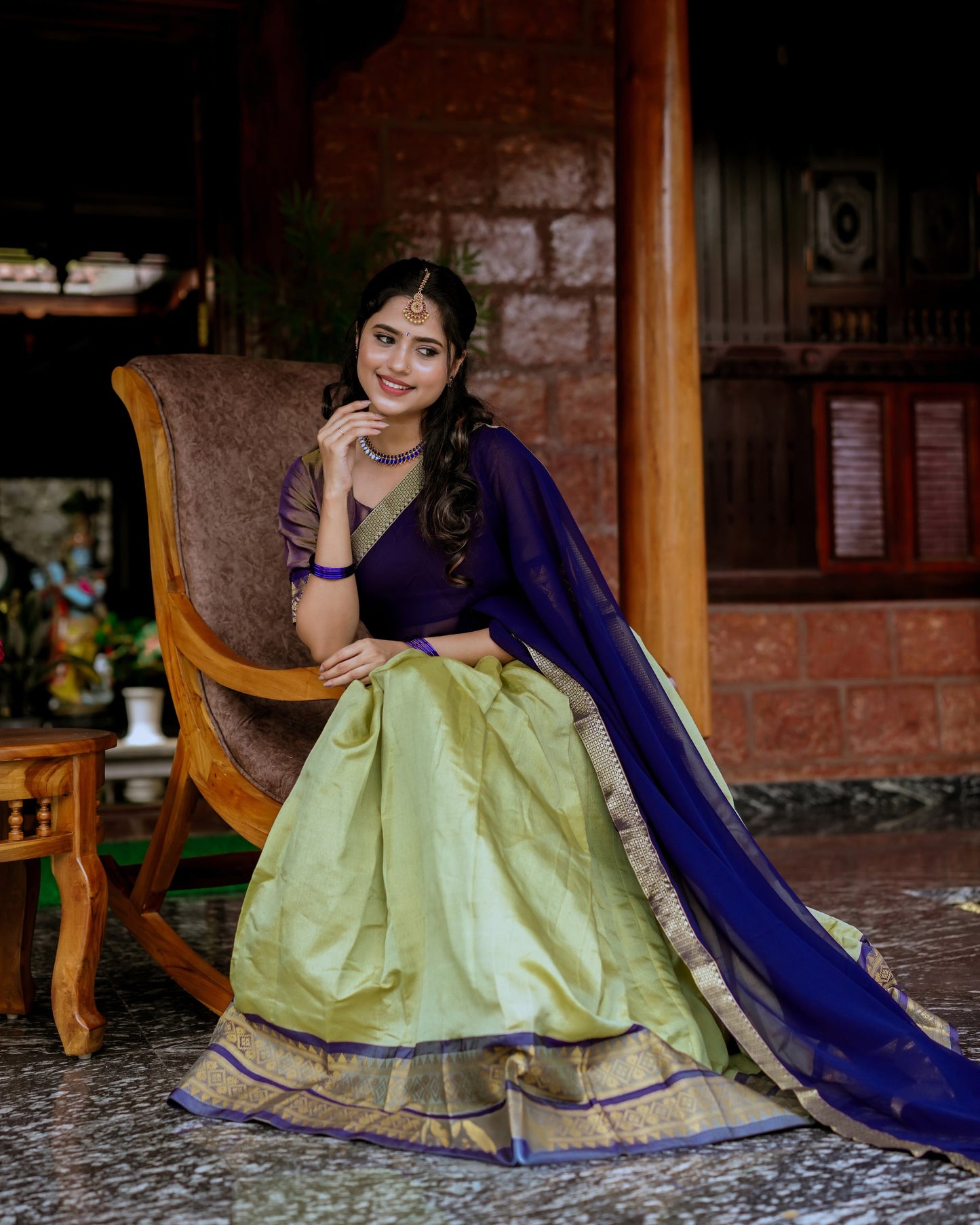 Kanchipuram Zari Weaving Lehenga Set with Georgette Lace Border Dupatta