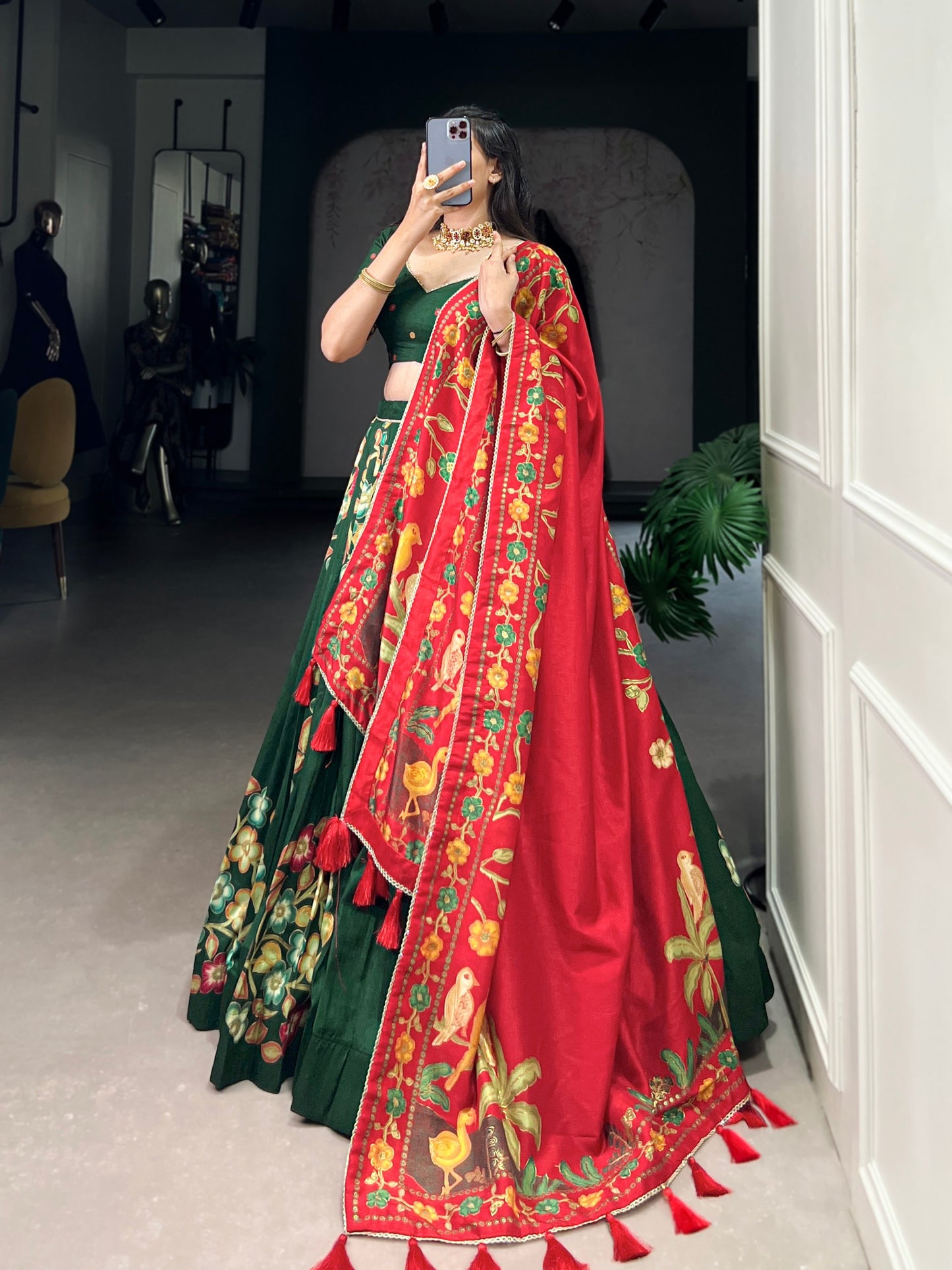 Green Tussar Silk Printed Lehenga Set with Foil Work and Gotta Patti Dupatta