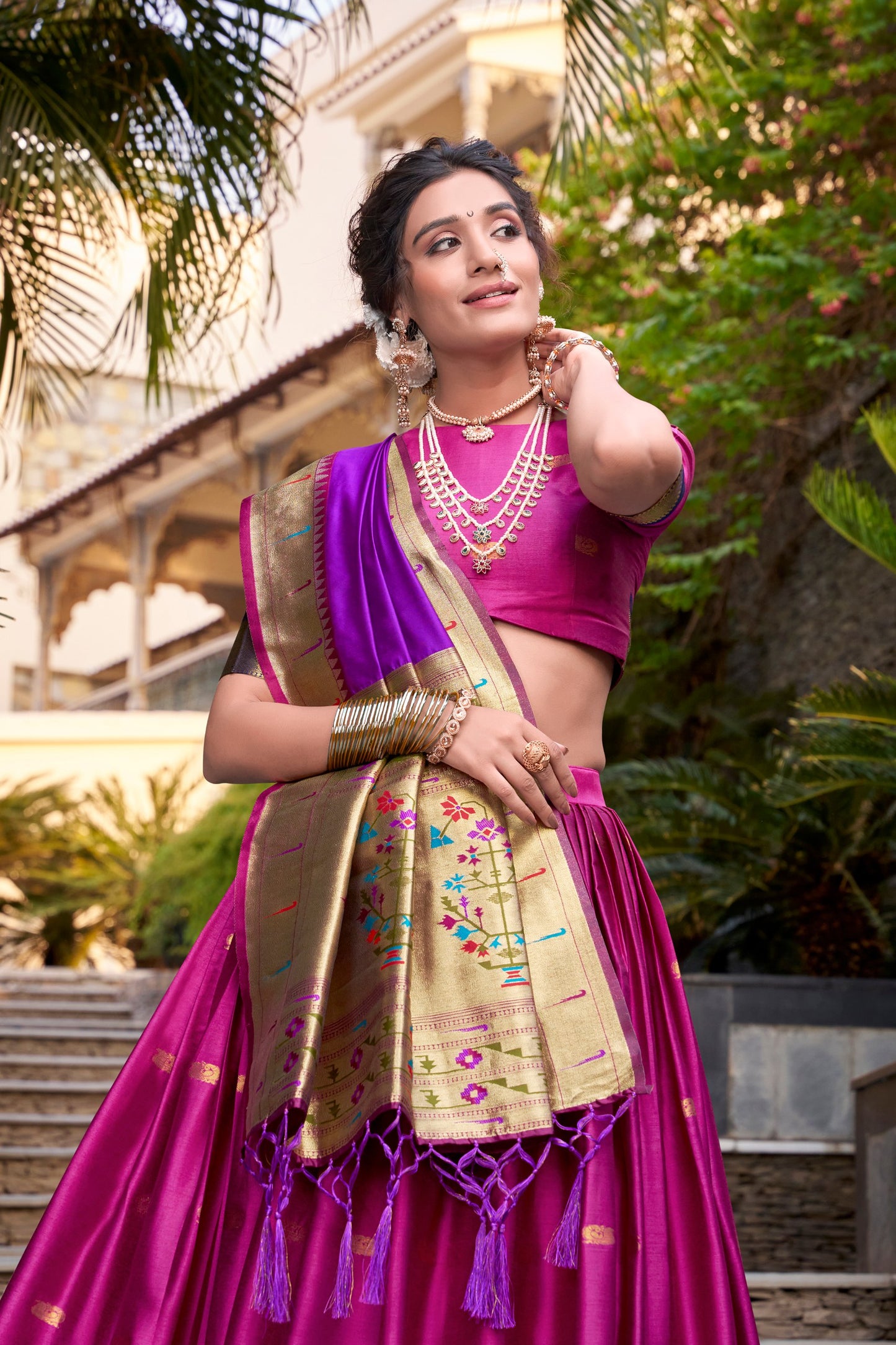 Pink Jacquard Silk Paithani Lehenga Set with Zari Weaving and Tassel Dupatta