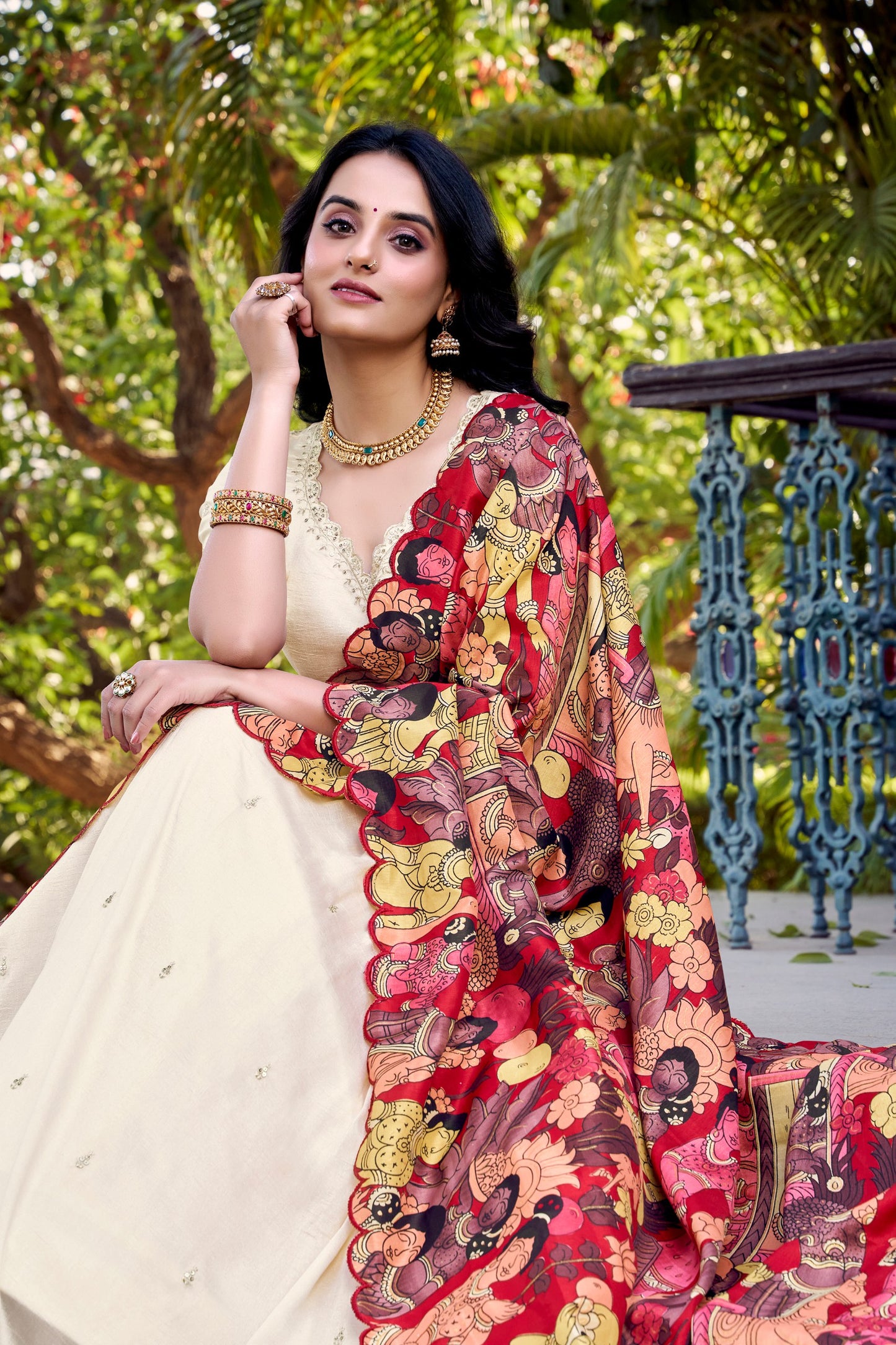 Off White Vichitra Silk Lehenga Set with Kalamkari Print Border & Tussar Silk Dupatta