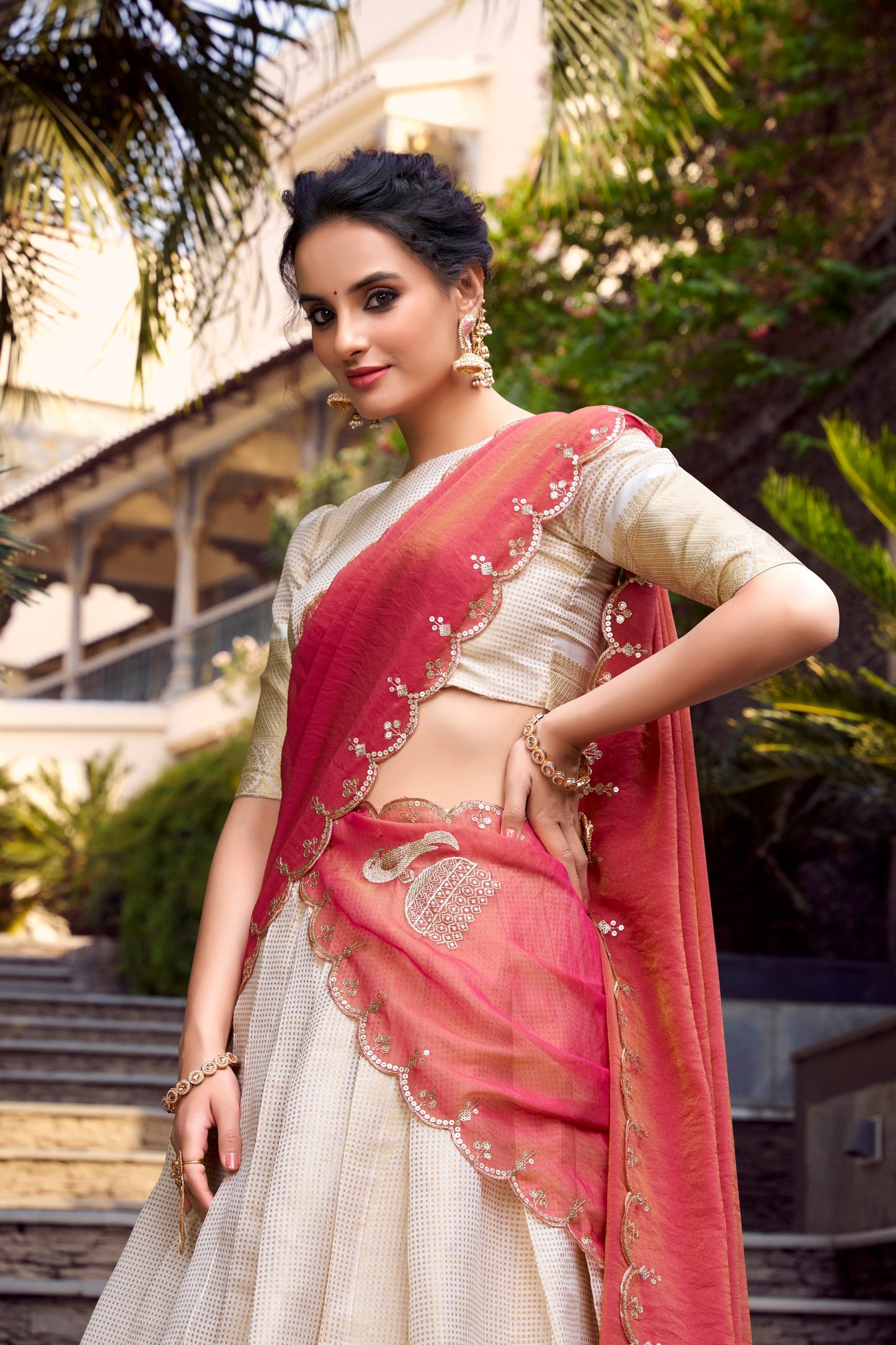 Jacquard Chex Lehenga Set with Zari Weaving and Embroidered Zari Shimmer Dupatta