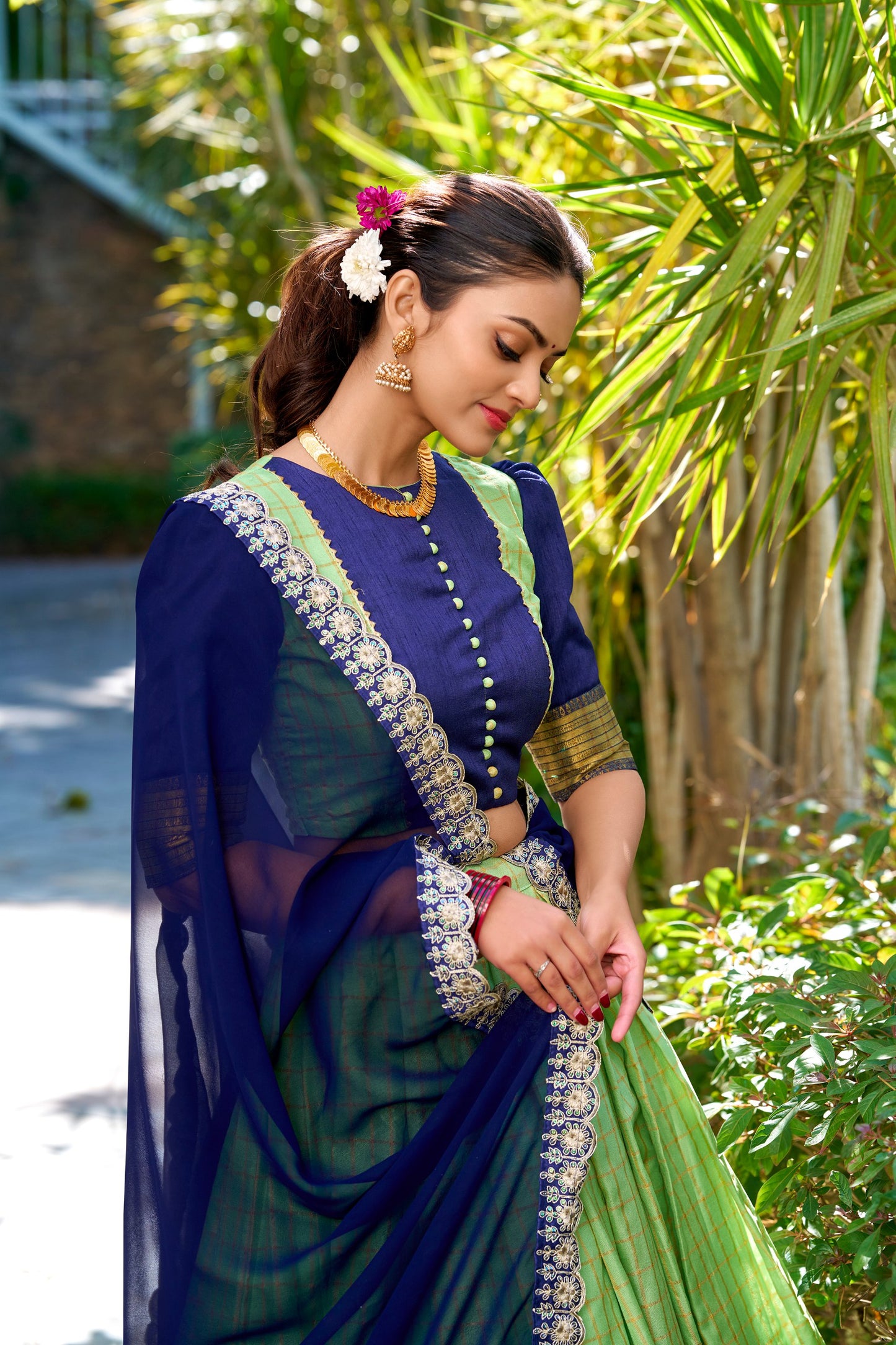Zari Chex Pista Green Lehenga Set with Stitched Blouse and Embroidered Georgette Dupatta