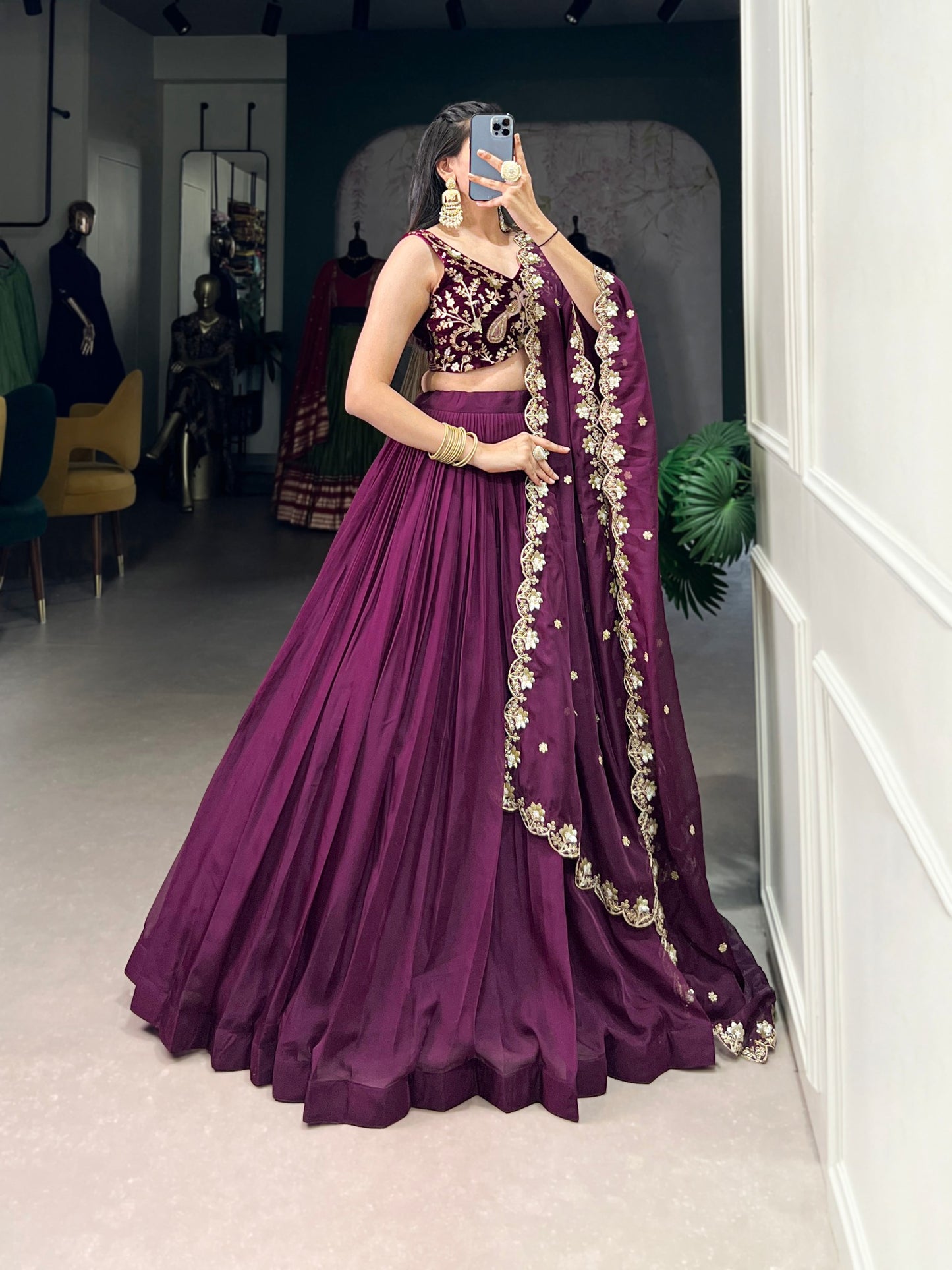 Elegant Purple Organza Lehenga with Embroidered Velvet Blouse and Dupatta