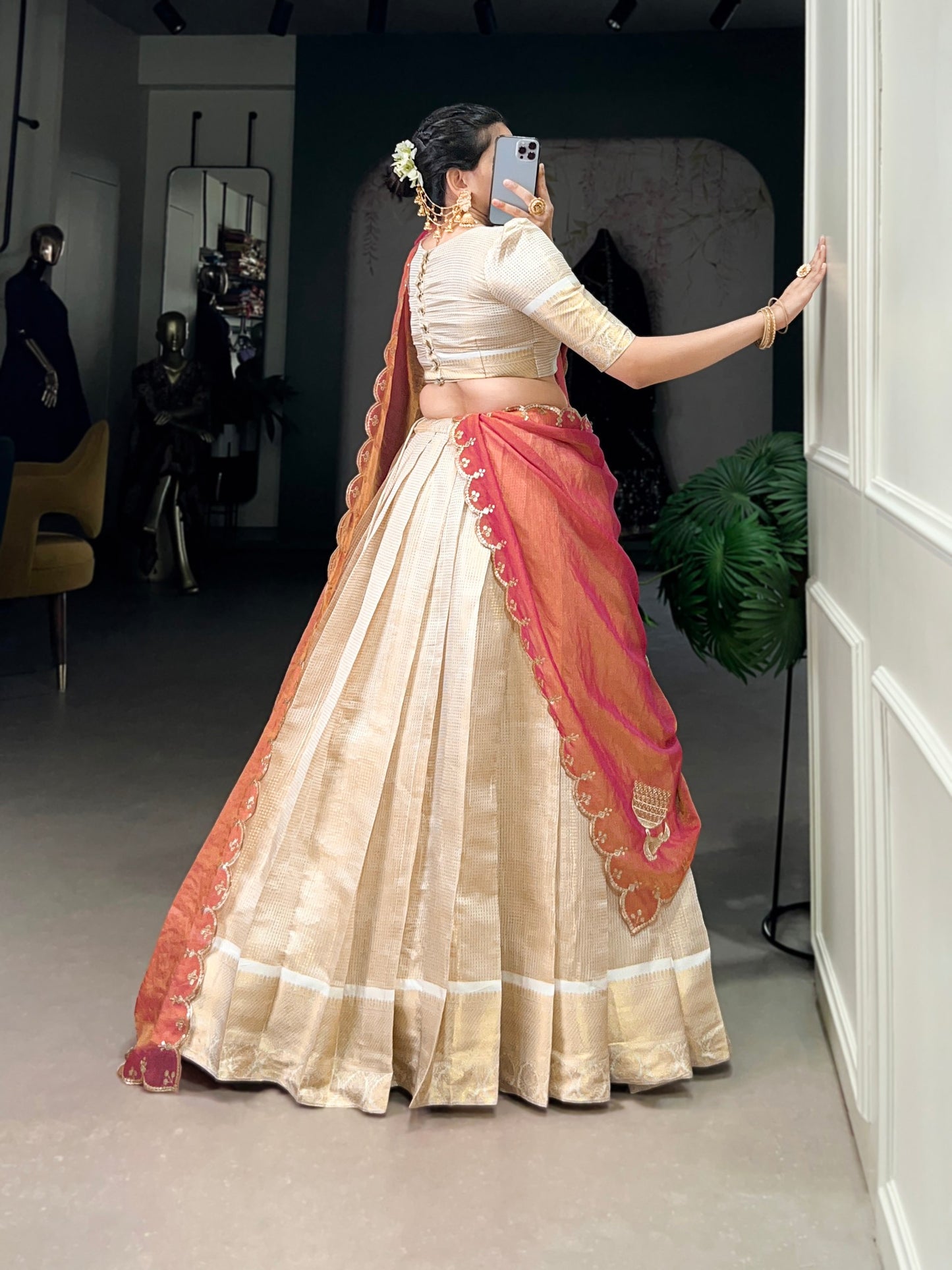 Jacquard Chex Lehenga Set with Zari Weaving Work and Zari Shimmer Dupatta