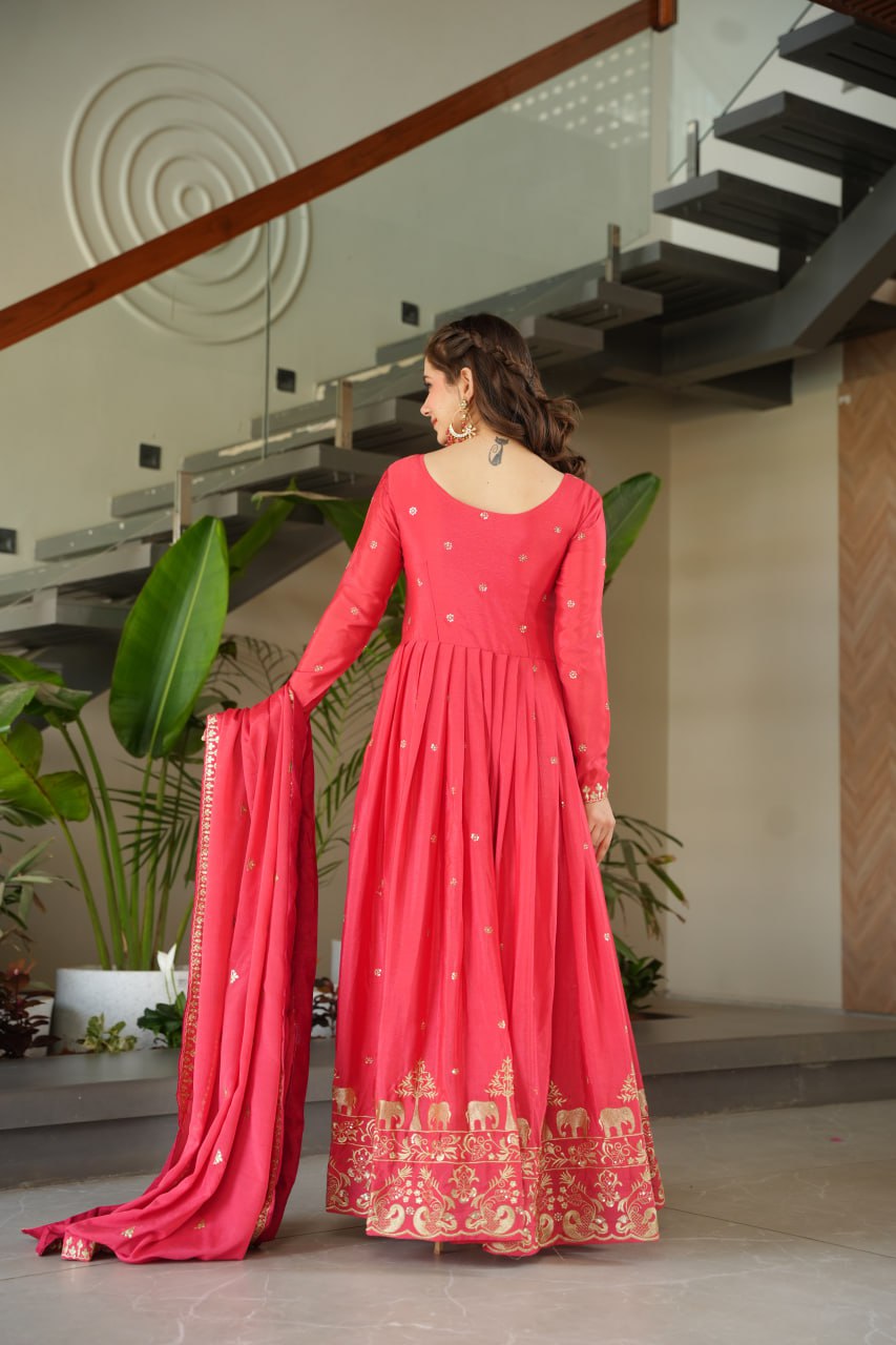 Pink Chinnon Embroidered Gown with Sequins Dupatta