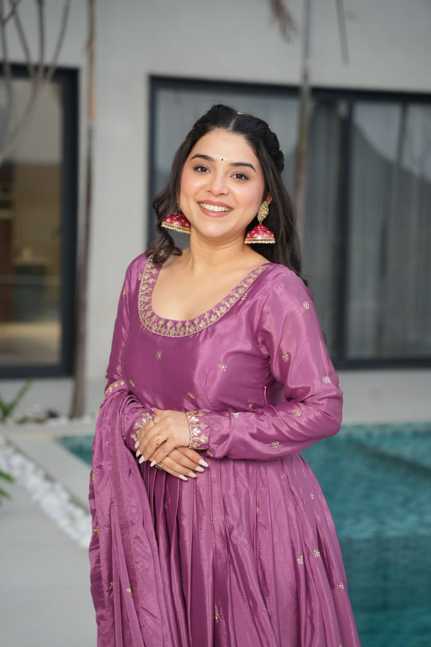 Lavender Chinnon Embroidered Gown with Sequins Dupatta