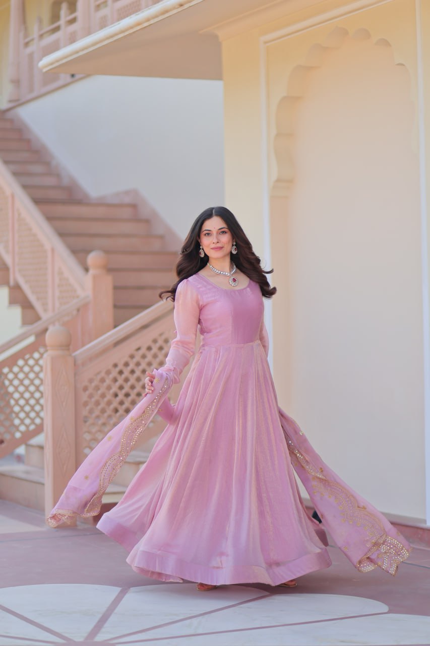 Lavender Fendy Chiffon 12-Kali Anarkali Gown with Embroidered Cut-Work Dupatta
