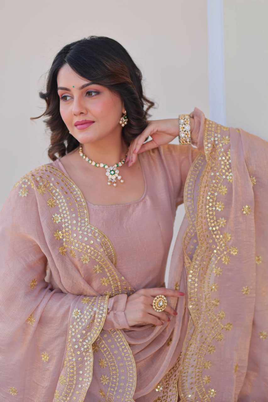Peach Fendy Chiffon 12-Kali Anarkali Gown with Embroidered Cut-Work Dupatta