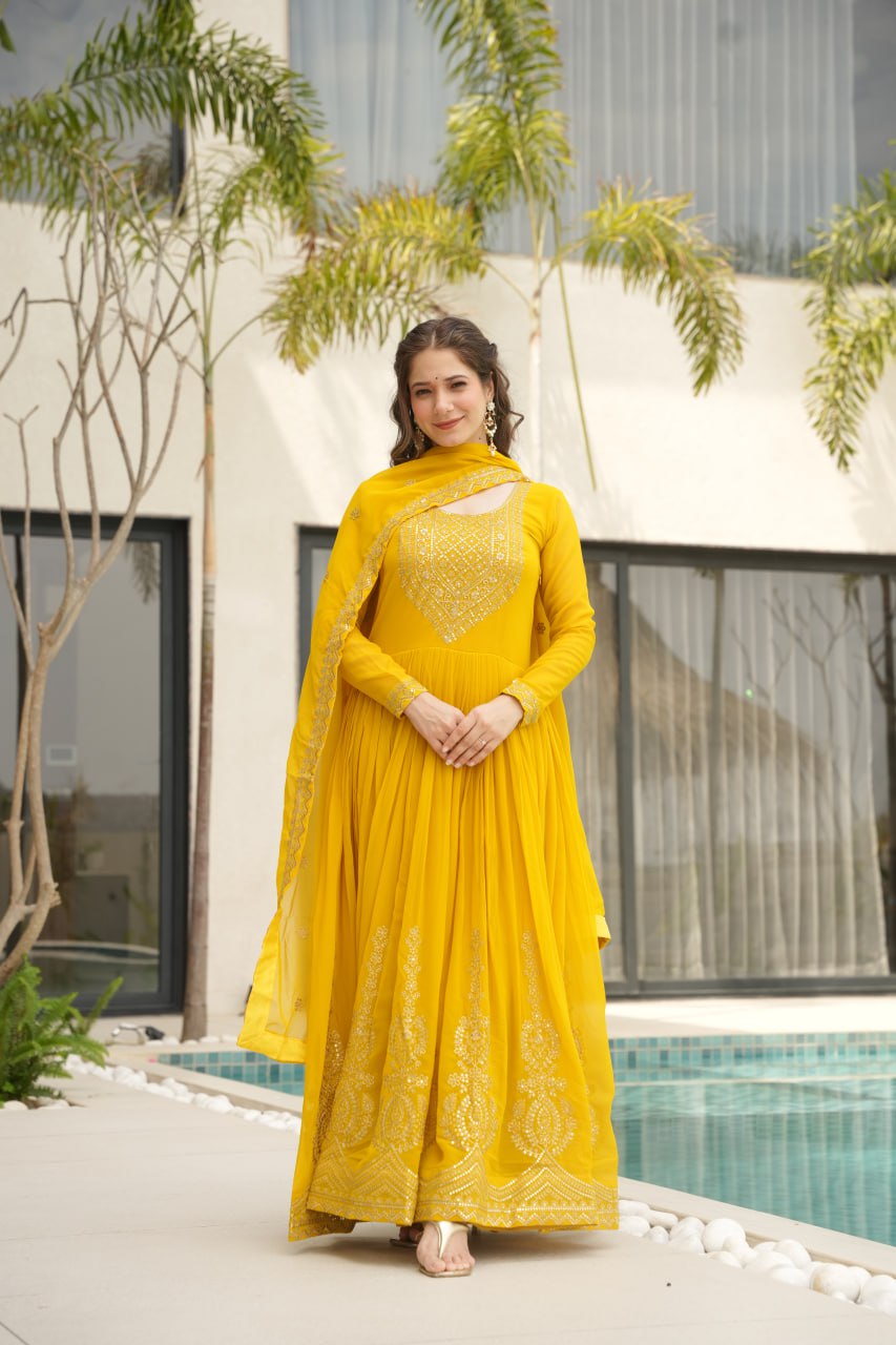 Yellow Fendy Chiffon 12-Kali Anarkali Gown with Embroidered Cut-Work Dupatta