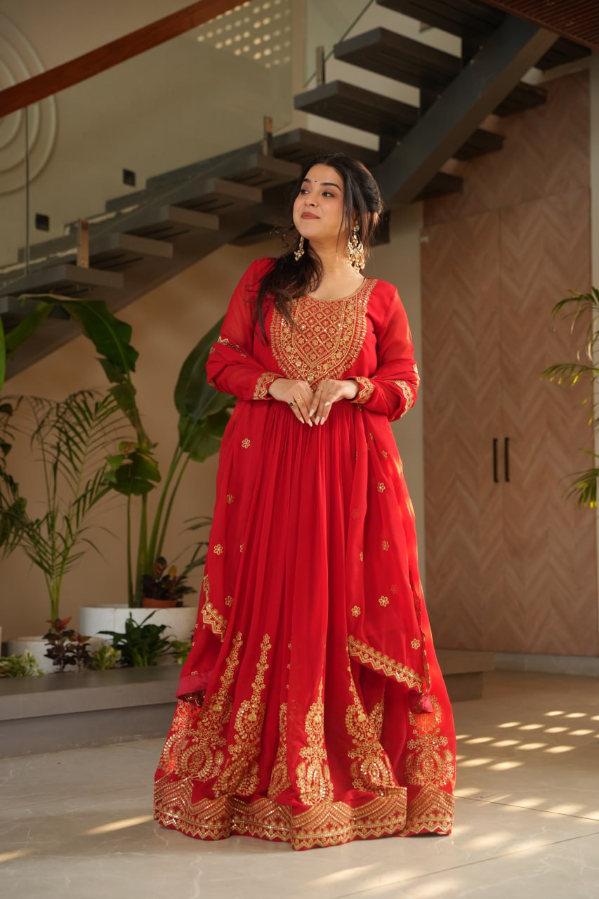 Red Fendy Chiffon 12-Kali Anarkali Gown with Embroidered Cut-Work Dupatta