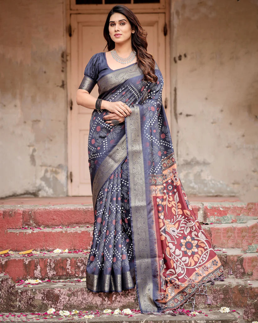 Navy Blue Colors Bandhni Style Pure Silk Saree