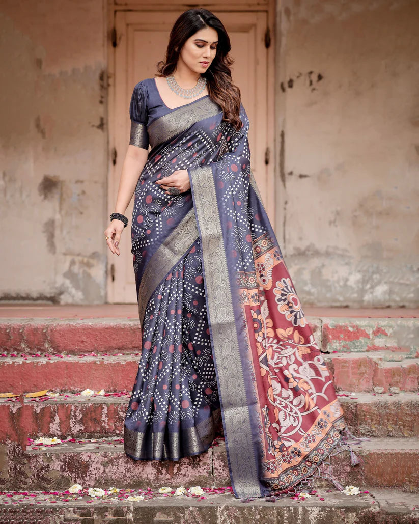 Navy Blue Colors Bandhni Style Pure Silk Saree