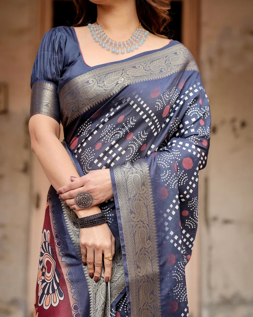 Navy Blue Colors Bandhni Style Pure Silk Saree