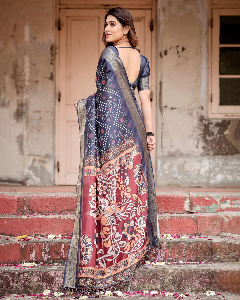 Navy Blue Colors Bandhni Style Pure Silk Saree