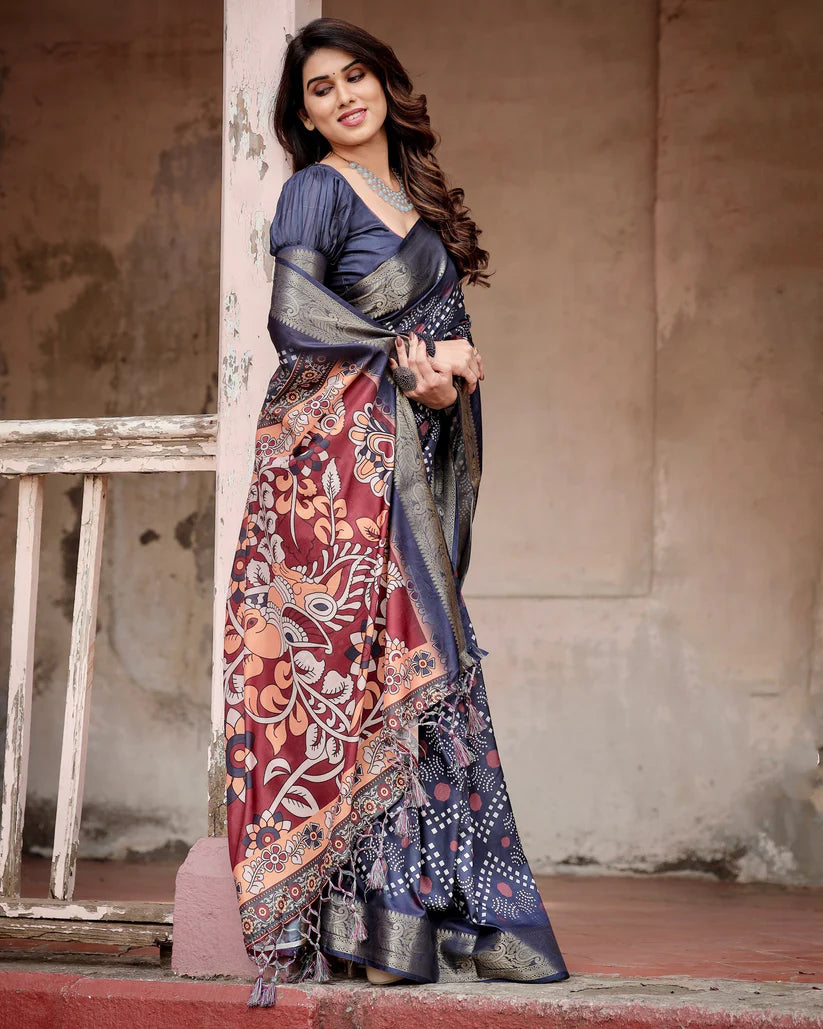 Navy Blue Colors Bandhni Style Pure Silk Saree