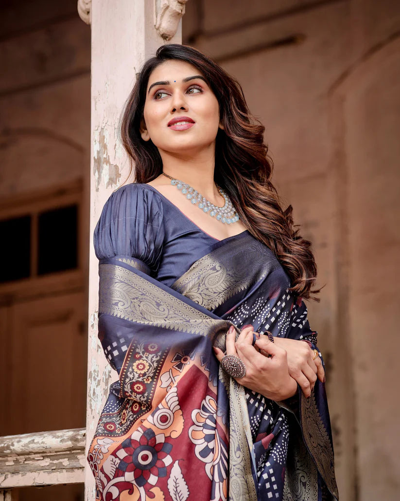Navy Blue Colors Bandhni Style Pure Silk Saree