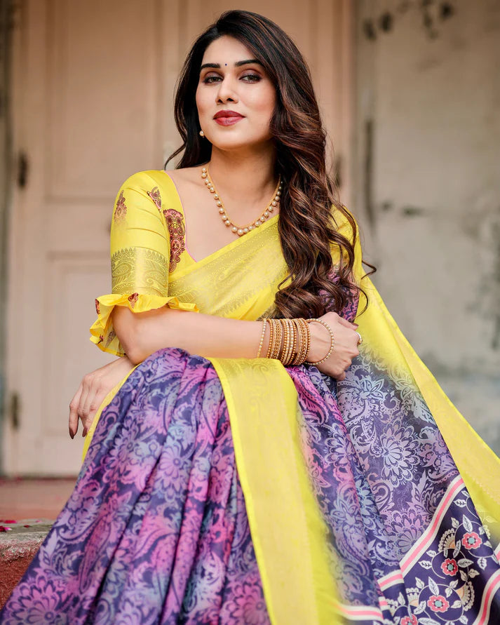 Pure Silk Digitally Printed Saree Weaved With Golden Zari Comes With Tassels